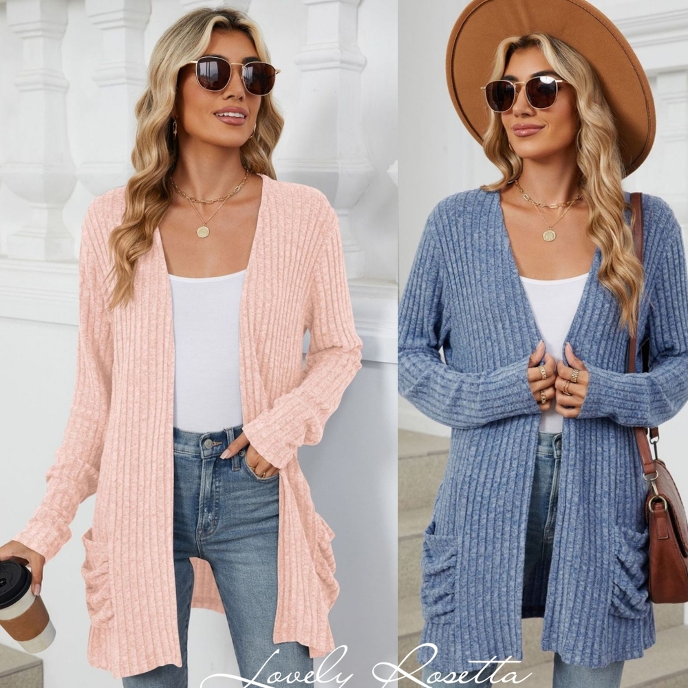Gray Ribbed Open Front Cardigan - Picture 9 of 10